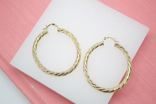 18K Gold Filled 4mm Thick Oval Twisted Hoops Lever Back Earrings