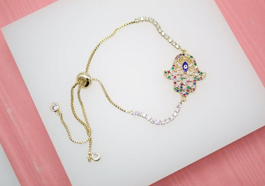 18K Gold Filled Adjustable Box Chain Bracelet With MutliColor and Clear CZ Stones On A Hand of Hamsa Charm