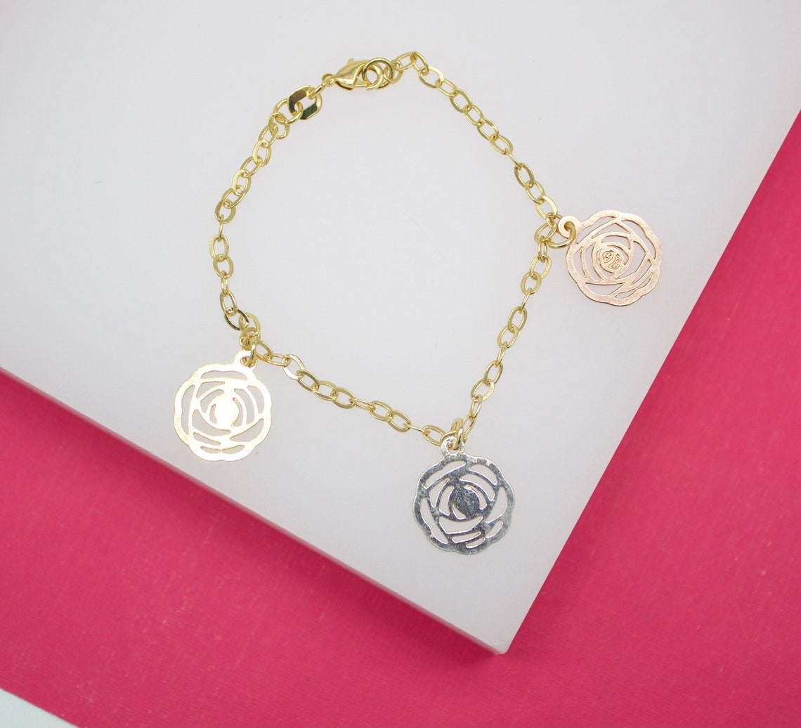 18K Gold Filled Dangle Three Toned Flower Bracelet