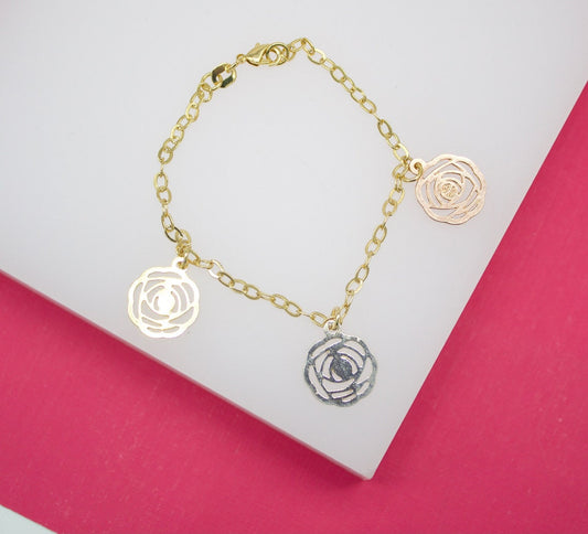 18K Gold Filled Dangle Three Toned Flower Bracelet
