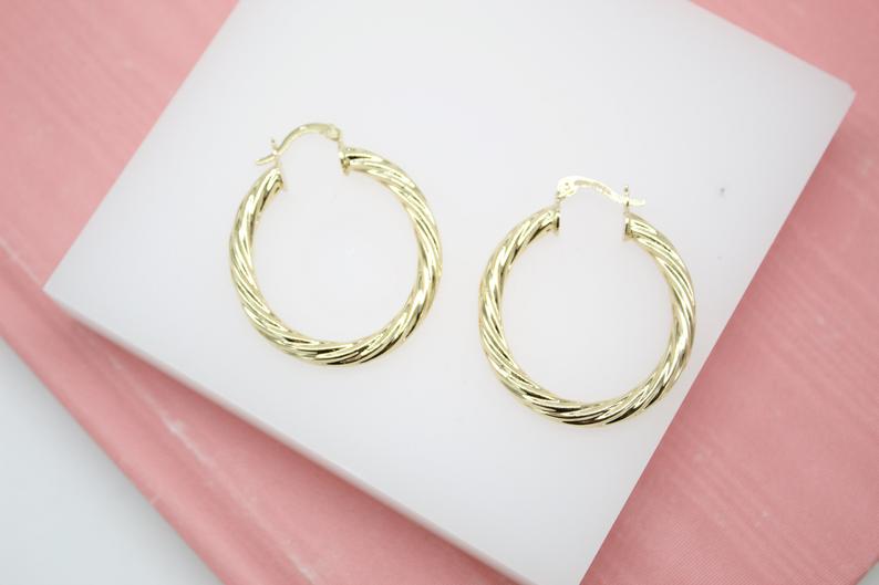 18K Gold Filled 4mm Thick Oval Twisted Hoops Lever Back Earrings