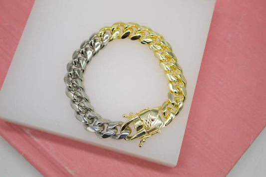 Two Toned 18K Gold Rhodium Filled 10mm Thick Curb Cuban Bracelet