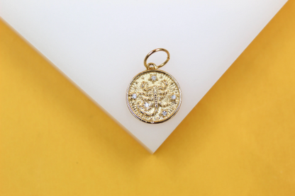 18K Gold Filled Coin Disc Medallion Zodiac Horoscope Charm Pendant
