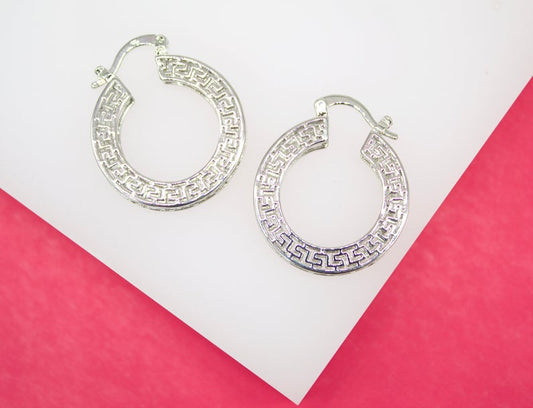 18K Rhodium Filled Greek Lever back French Hook Hoop Earrings