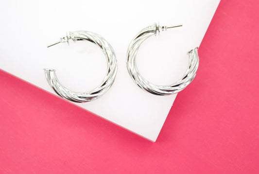 18K Rhodium Filled Twisted Hoop Stud Earrings