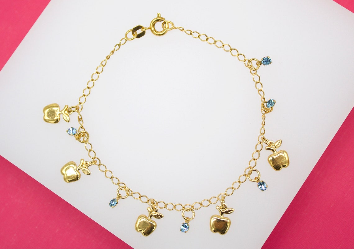 18K Gold Filled Dangle Apple Charm With Clear CZ Stone Bracelet