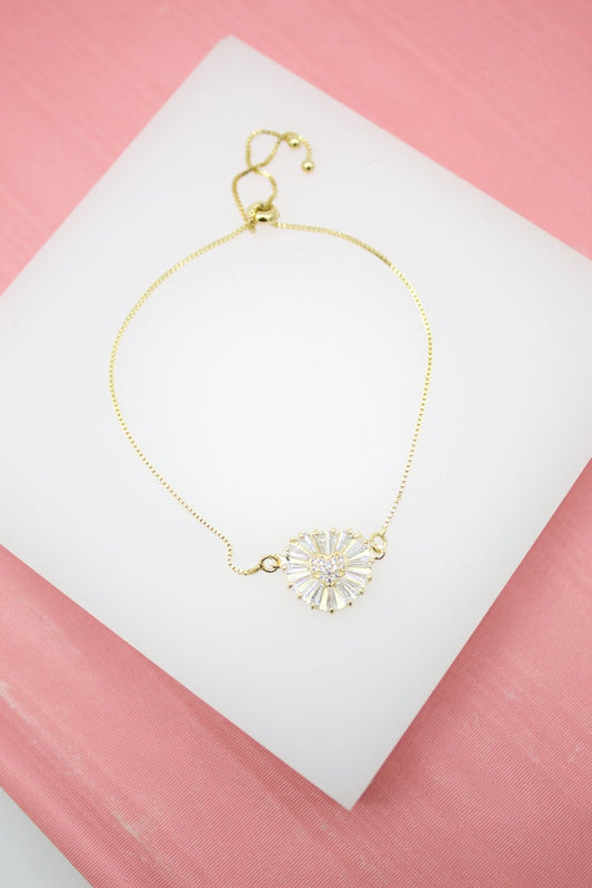18K Gold Filled Heart Adjustable Box Chain Bracelet With Micro CZ Stones