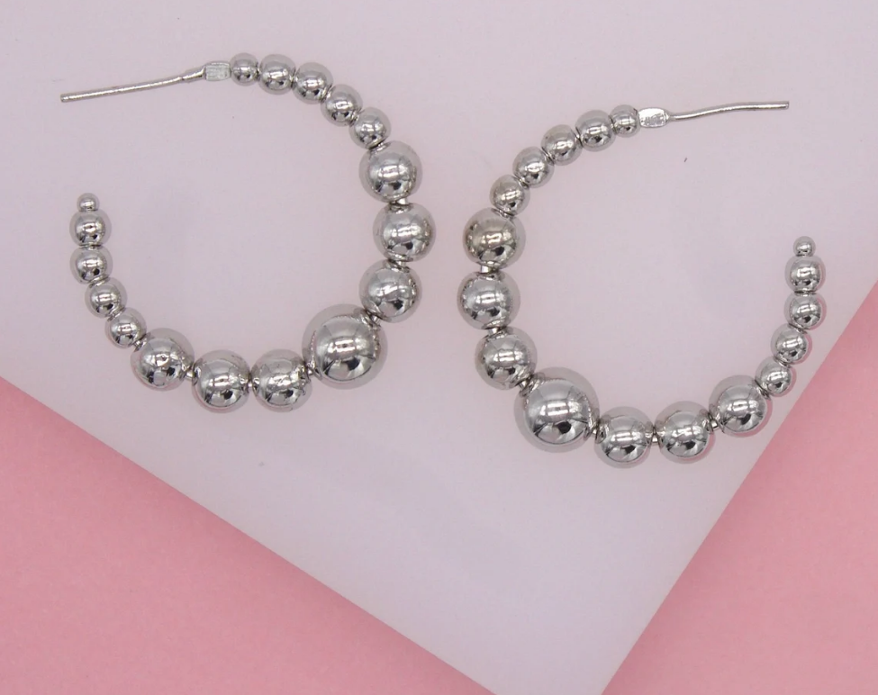 18K Rhodium Filled Beaded Hoops | Silver Beaded Hoops