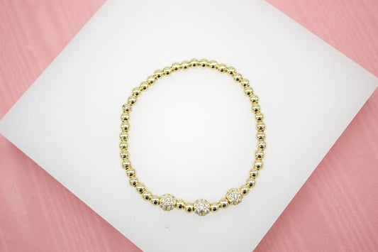 18K Gold Filled 4mm Gold Elastic Bead Bracelet With Three Round CZ Charm