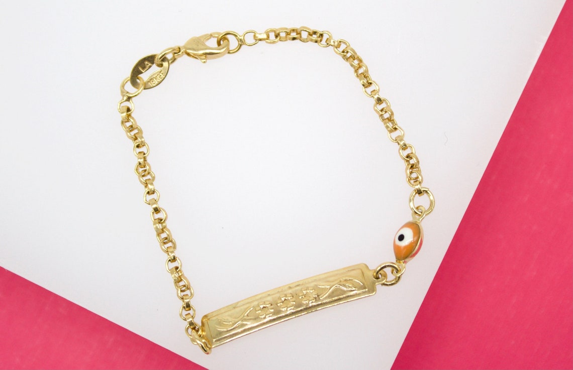Gold Filled Evil Eye Charm Bracelet With Designed Plate