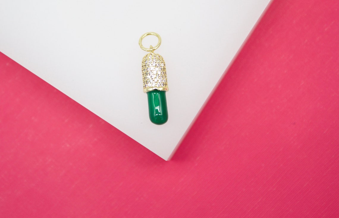 18K Gold Filled Enamel Pill Pendant With Micro Pave Cz stones