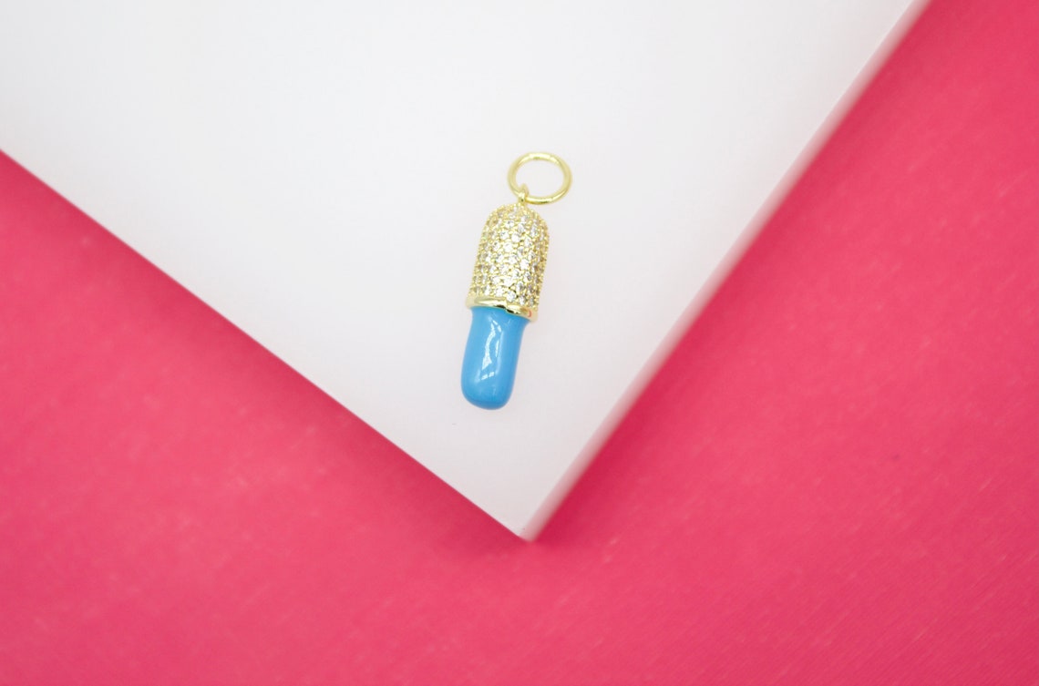 18K Gold Filled Enamel Pill Pendant With Micro Pave Cz stones