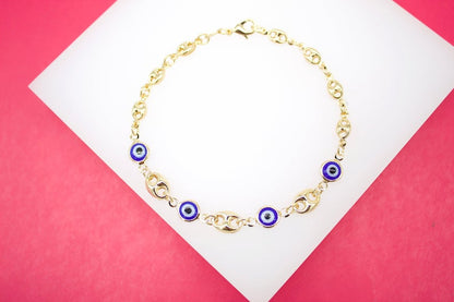 18K Gold Filled Evil Eye Puffy Mariner Chain Bracelet