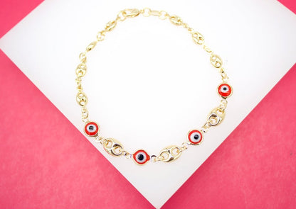 18K Gold Filled Evil Eye Puffy Mariner Chain Bracelet