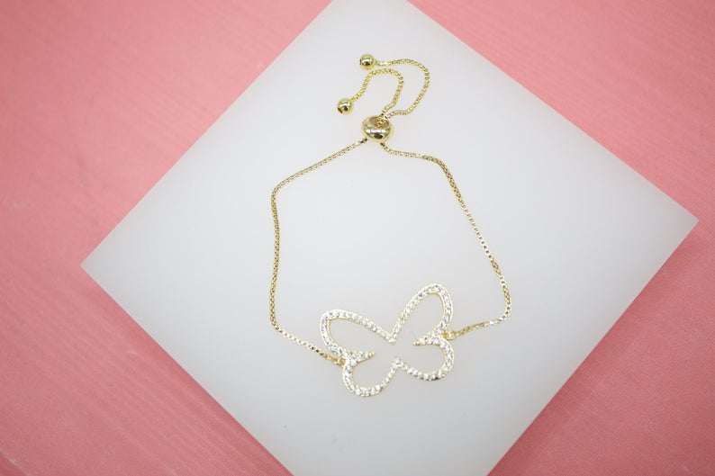 18K Gold Filled Butterfly Adjustable Bracelet With Clear CZ Stones