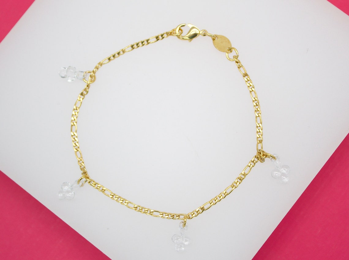18K Gold Filled Dangle Clear CZ Leaf Clover Figaro Bracelet