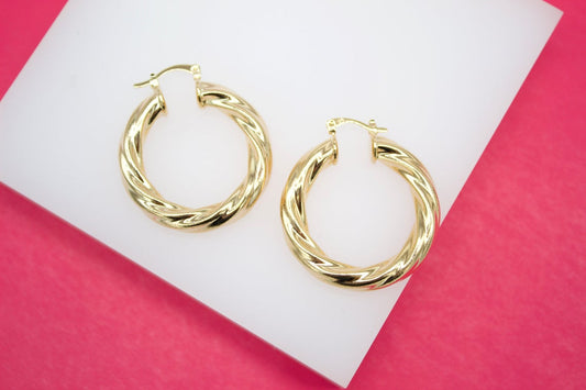 18K Gold Filled 6mm Twisted Hoops Lever Back Earrings