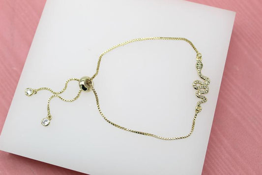 18K Gold Filled Adjustable Box Chain Bracelet With CZ Cubic Zirconia Stones And Snake Charm