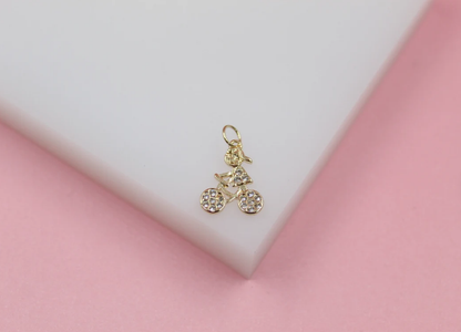Gold Filled Kid Girl & Boy Riding A Bike Pendant Charms With Clear Stones