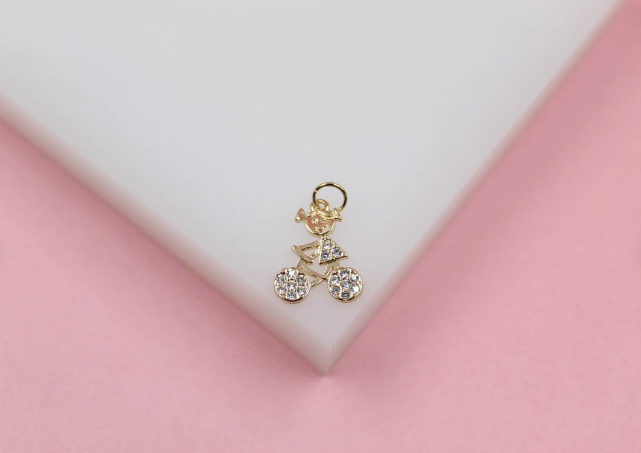 Gold Filled Kid Girl & Boy Riding A Bike Pendant Charms With Clear Stones