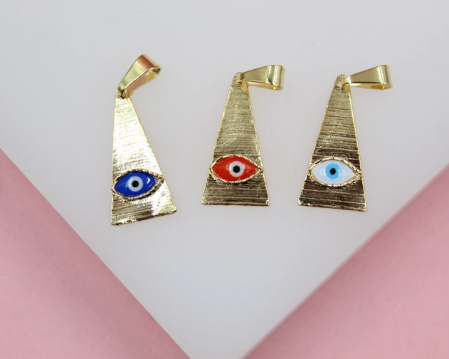 18K Gold Filled Evil Eye Triangle Shaped Pendant Colored Eye