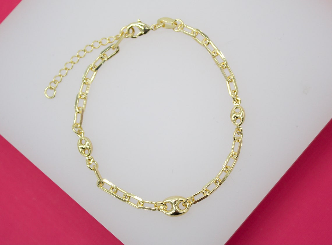 18K Gold Filled 3mm Paper Clip Bracelet with Puffy Mariner Links