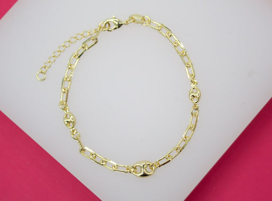 18K Gold Filled 3mm Paper Clip Bracelet with Puffy Mariner Links