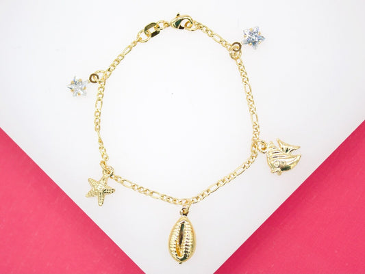 18K Gold Filled Dangle Star Cz Puka Shell Fish Charm Bracelet