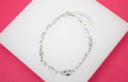 18K Gold Filled 3mm Paper Clip Bracelet with Puffy Mariner Links