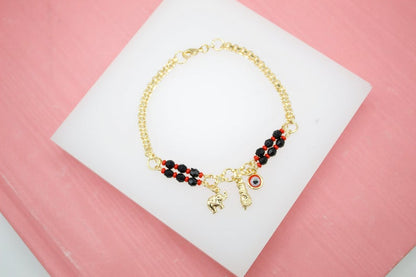 18K Gold Filled Azabache Chain Bracelet With Elephant, Evil Eye, Protection Charm