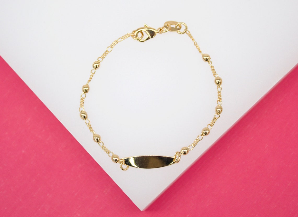 Gold Filled Beaded Figaro Bracelet With Oval Plate