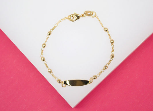 Gold Filled Beaded Figaro Bracelet With Oval Plate