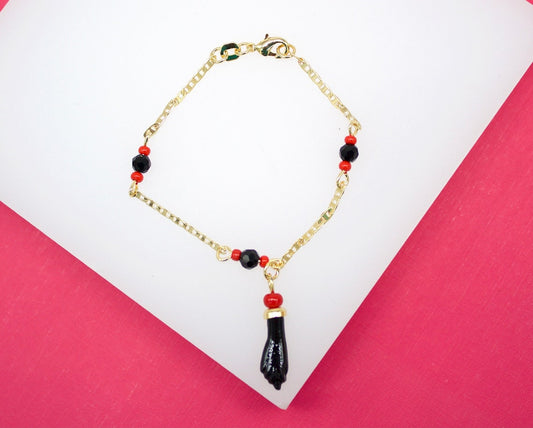 18K Gold Filled Azabache & Figa Hand 2mm Mariner Chain Bracelet With Protection Charm