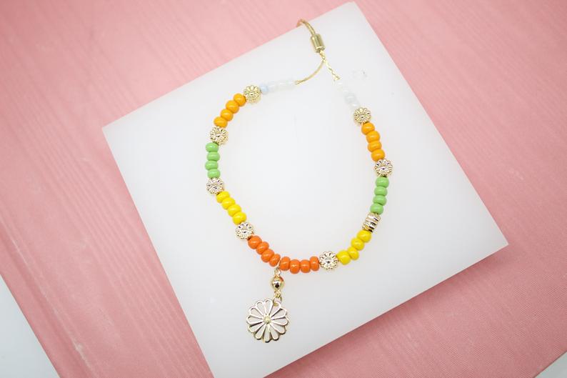 18K Gold Filled Flower White, Orange, Yellow, Green Beaded Bead Adjustable Bracelet