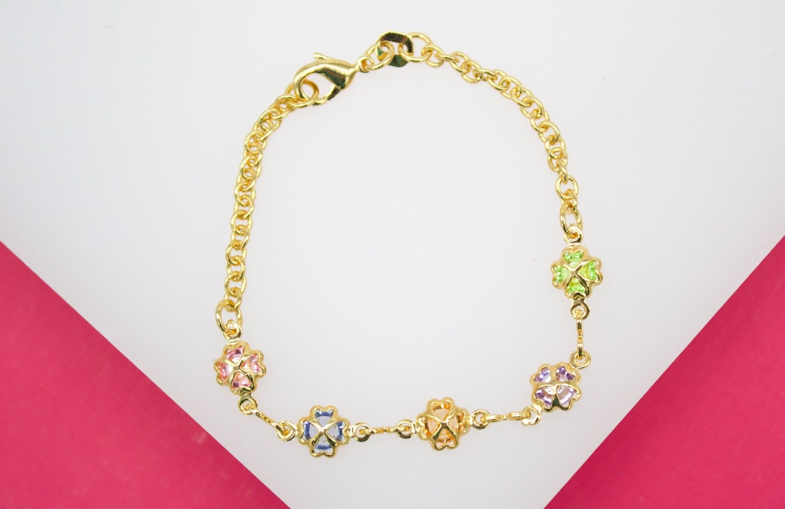 18K Gold Filled Multicolor CZ Four Leaf Clover Rolo Bracelet