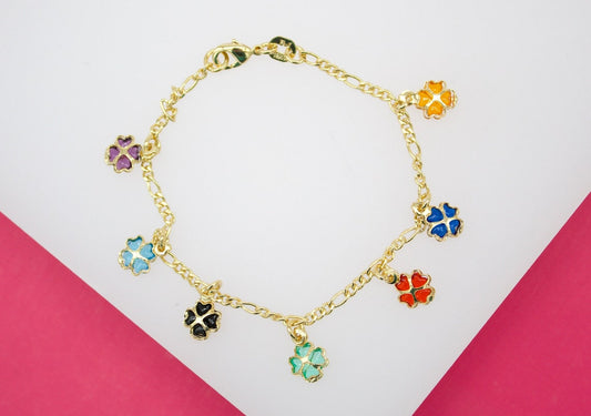 18K Gold Filled Dangle Multicolor CZ Four Leaf Clover Figaro Bracelet
