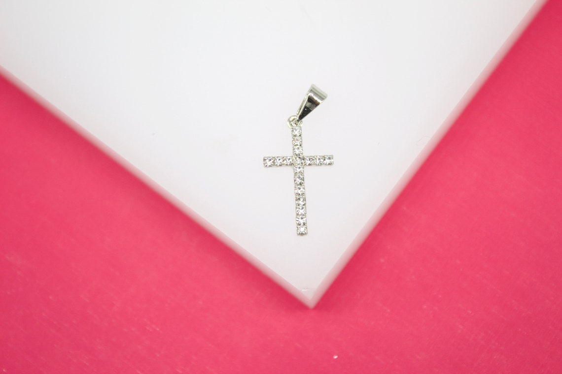 Rhodium Filled Small Round CZ Cross Pendant