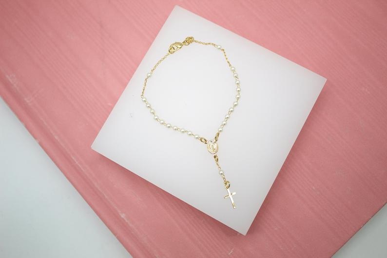 Gold Filled Virgin Mary and Cross Charm Bracelet with Pearls