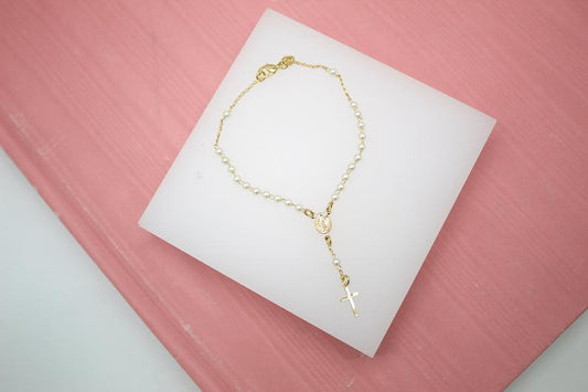 Gold Filled Virgin Mary and Cross Charm Bracelet with Pearls
