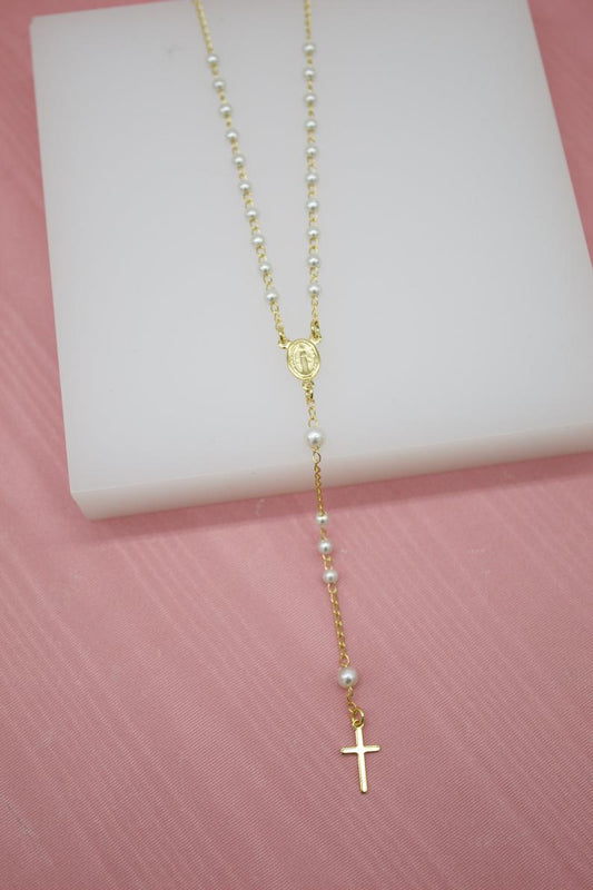 Catholic Pearl Bead Rosary With Crucifix Cross And Virgin Mary Charm