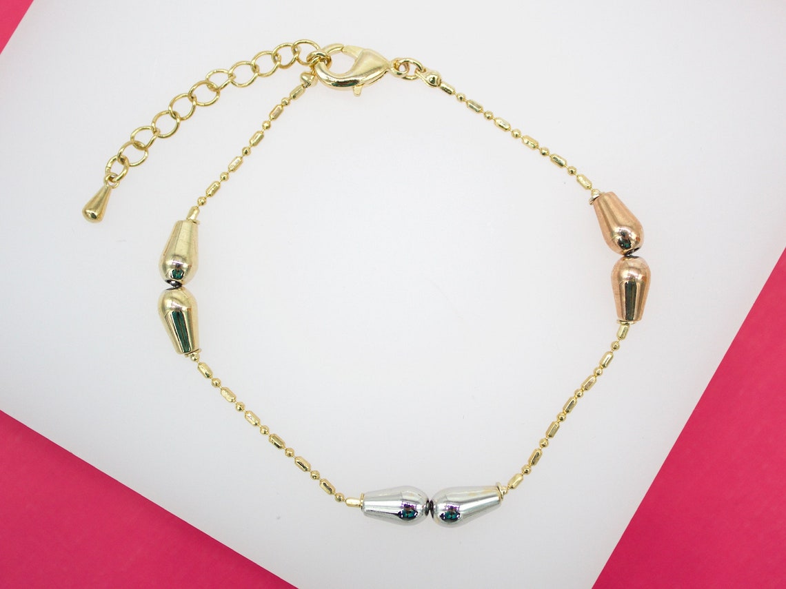 18K Gold Filled Designed Ball Bar Bracelet With Three Toned Beads