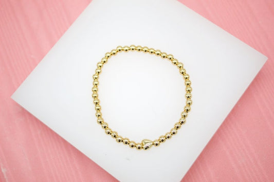 18K Gold Filled 4mm Gold Elastic Bead Bracelet With HEART Charm