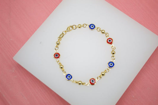 18K Gold Filled Red And Blue Evil Eye Chain Bracelet