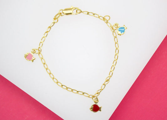18K Gold Filled Dangle Enamel Fish Charm Bracelet