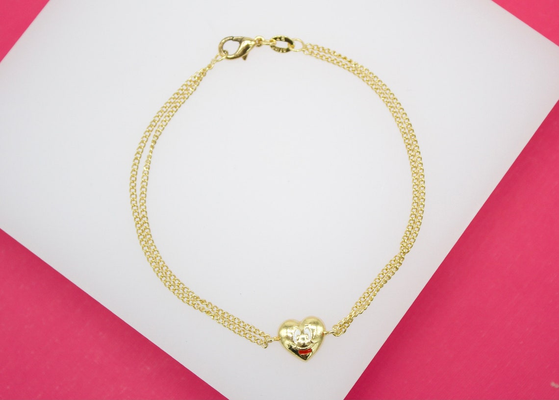 18K Gold Filled Happy Face Heart Charm With Clear Bead Bracelet