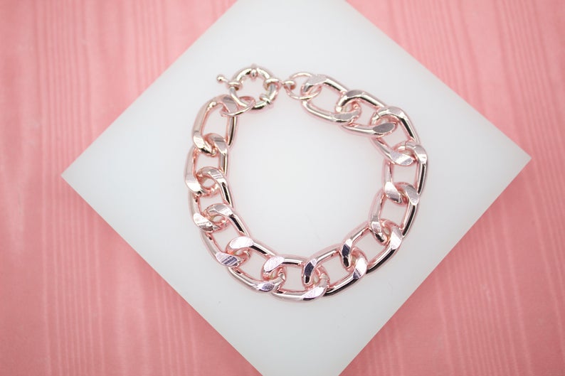 18K Gold Filled Pink Chunky Thick Curb Cuban Link Chain Bracelet