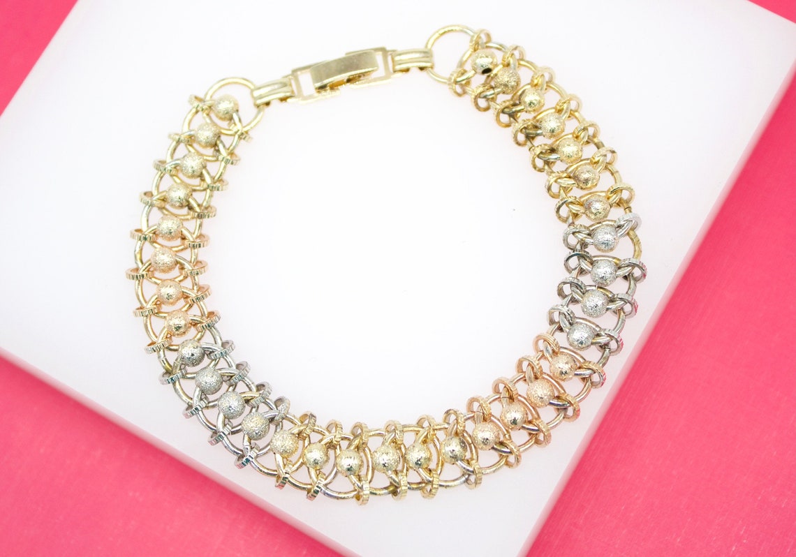 18K Gold Filled Three Toned Designed Bead Link Bracelet