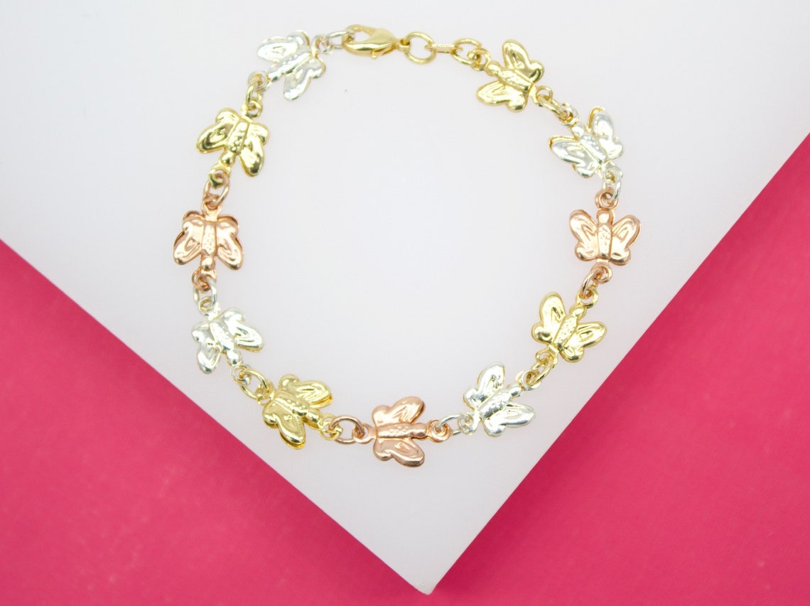 18K Gold Filled Three Toned Butterfly Bracelet
