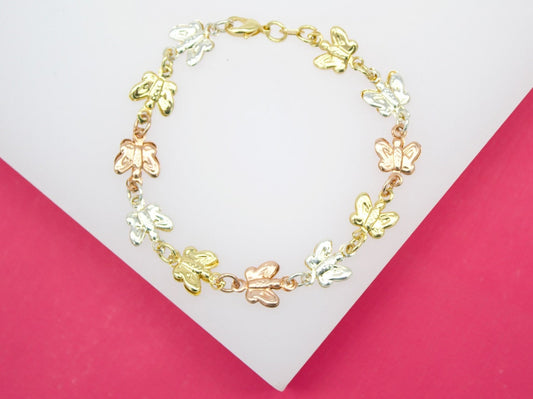 18K Gold Filled Three Toned Butterfly Bracelet