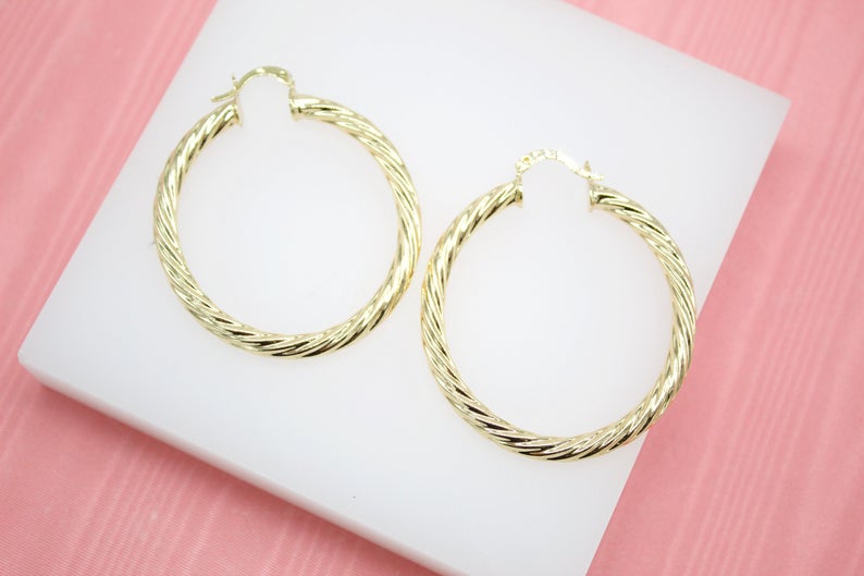 18K Gold Filled 4mm Thick Round Twisted Hoops Lever Back Earrings
